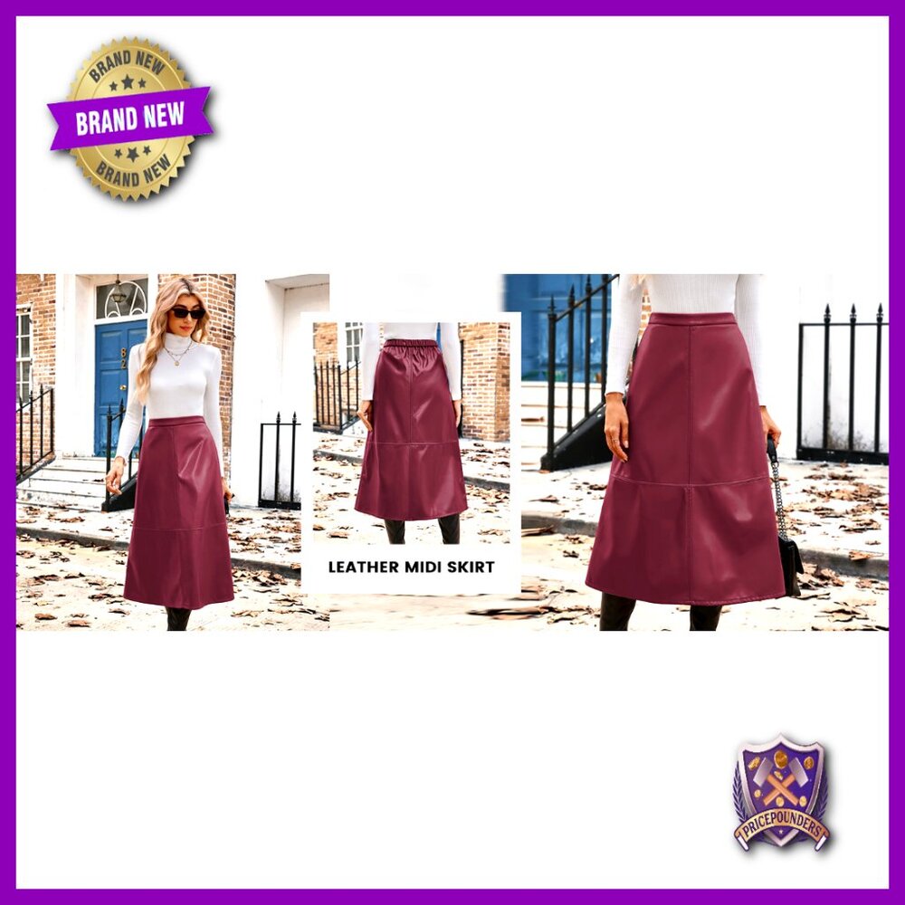 Faux Leather Midi Skirt High Waist A-Line Fall Winter Professional Casual - Picture 7 of 7